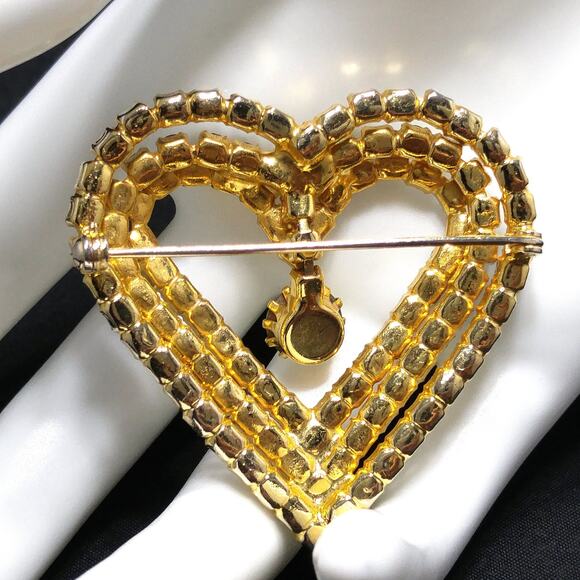 Aurora Borealis Heart Brooch, AB Rhinestone Dangle, 1960s Vintage Jewelry - Picture 4 of 10